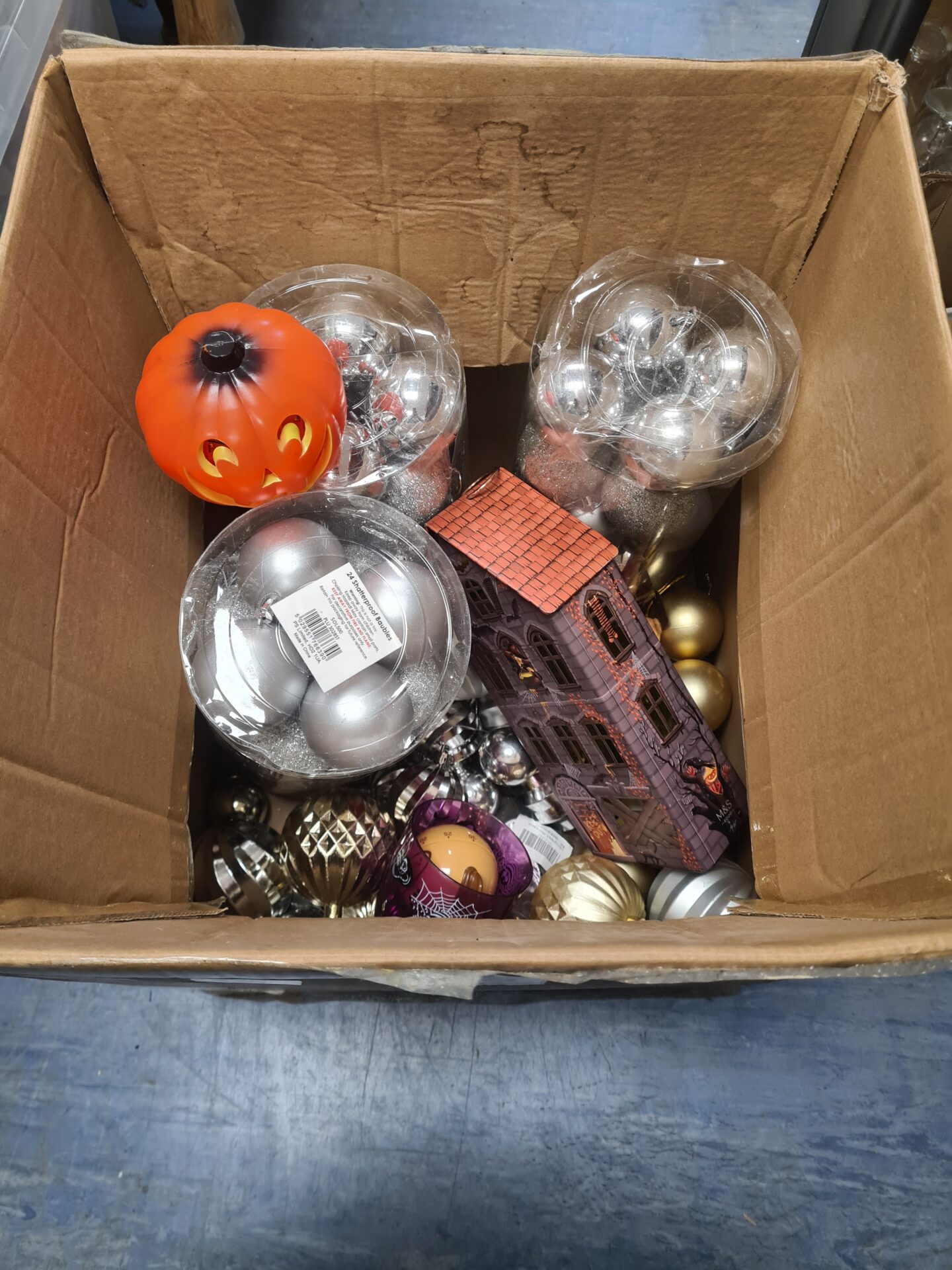 481 Box of haloween and Christmas ornaments inc 3 24packs of shaterproof baubles