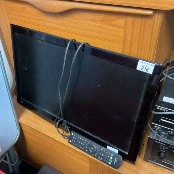 Hitachi 22 inch HD television with remote control.