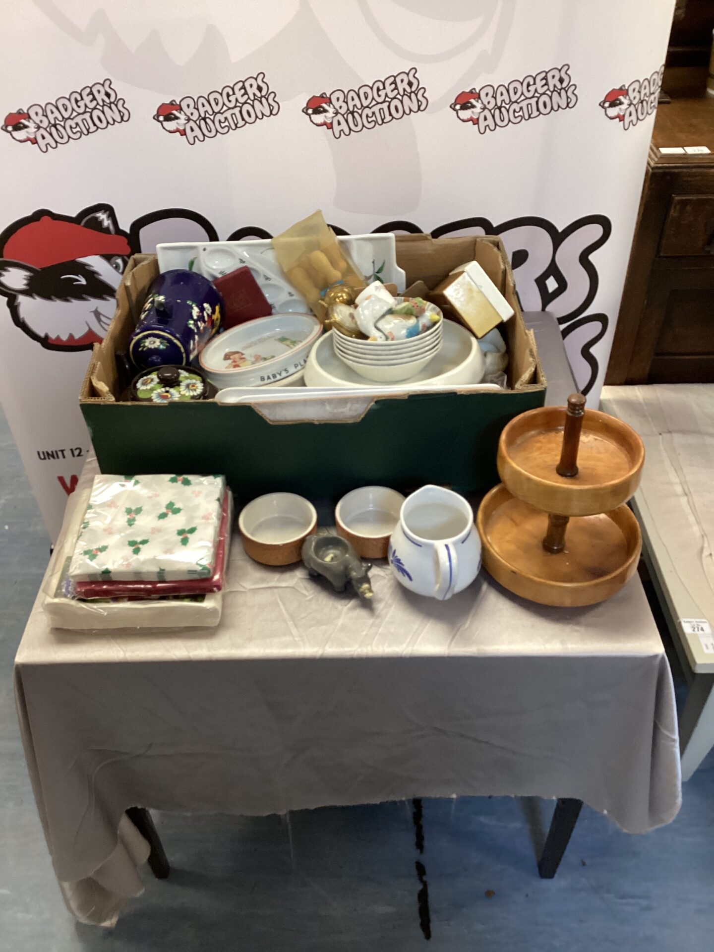 716 Box of mixed house clearance inc serving plates, tea & coffee pot & two tier wooden sweet dish