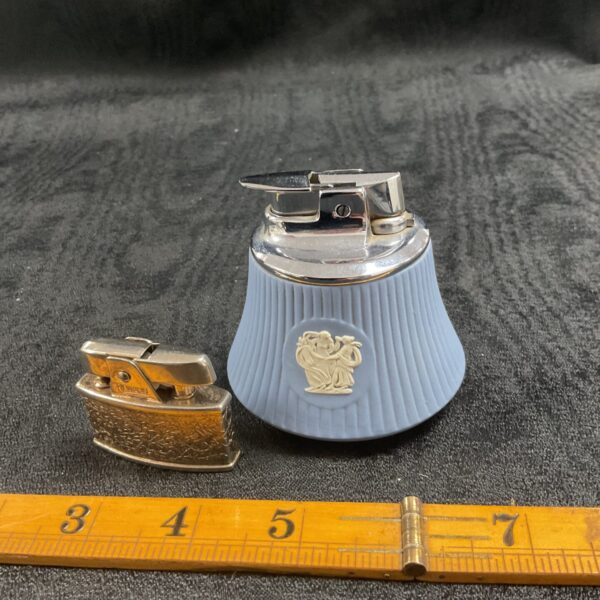 Vintage blue Wedgwood Ronson table lighter, collectible design.