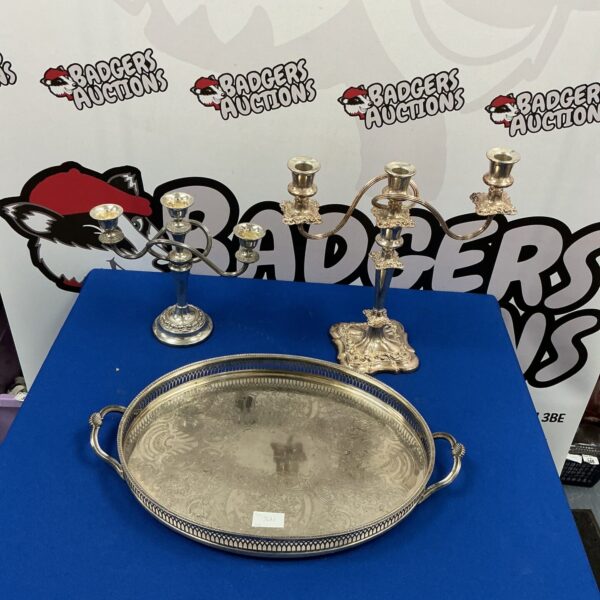 Vintage silverplate serving tray and candle holders set for home decor.