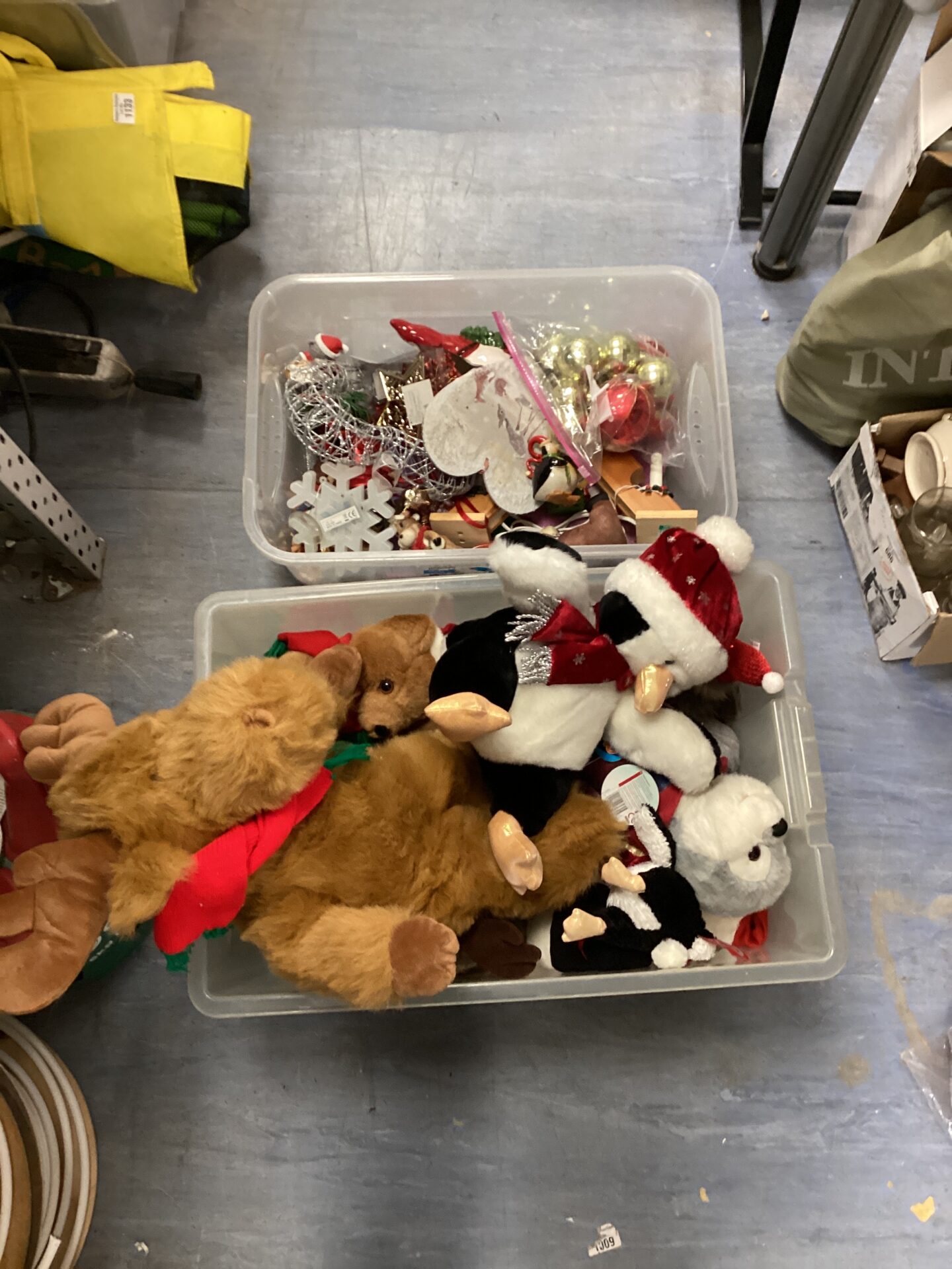 699 Two boxes of Christmas decorations & Christmas cuddly toys