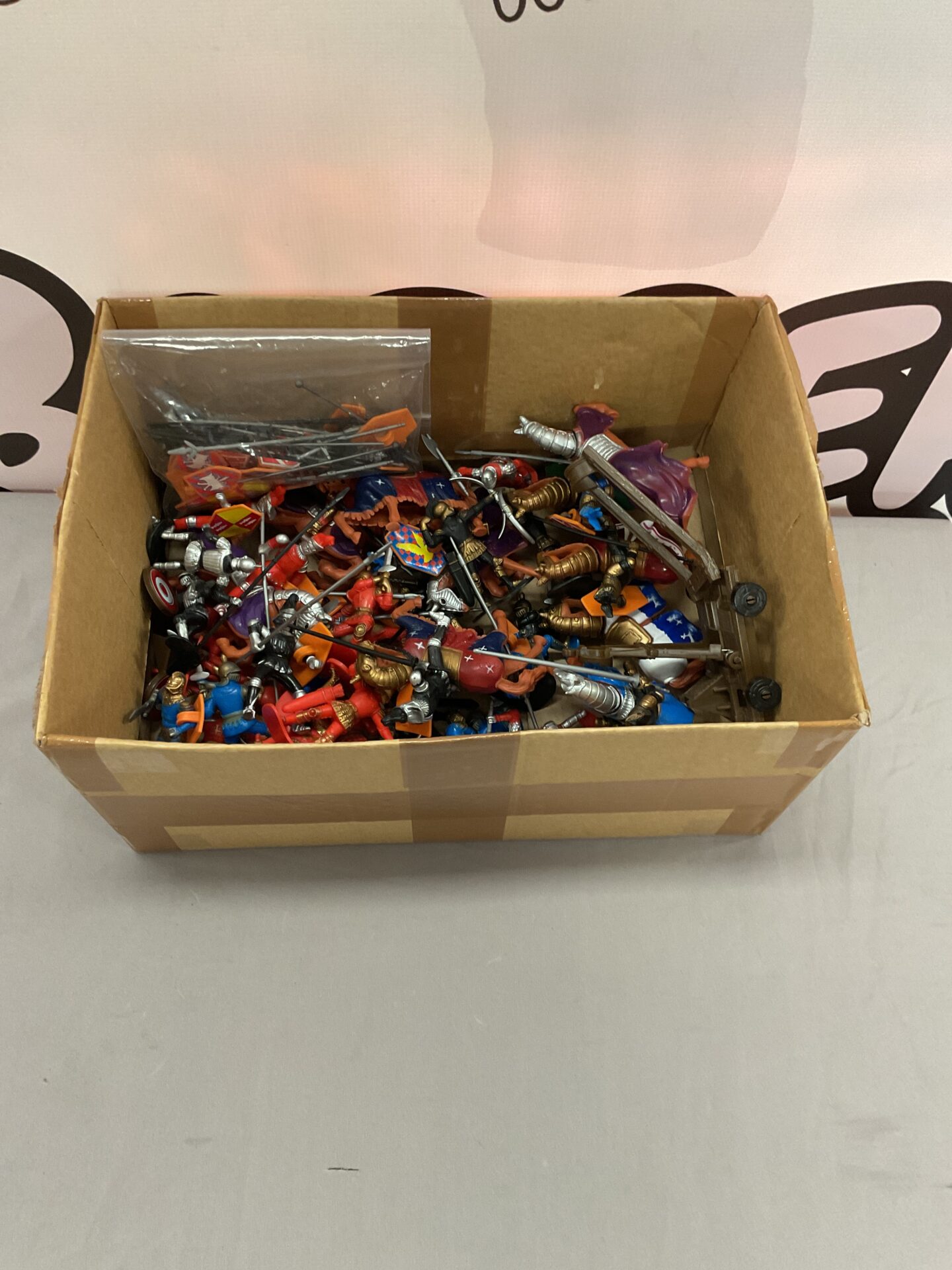 373 Box full of mixed medival knights, horses and accessories