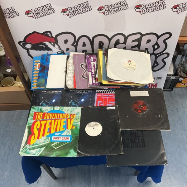 Dance vinyl lot featuring Stevie G’s “Dirty Cash” record.