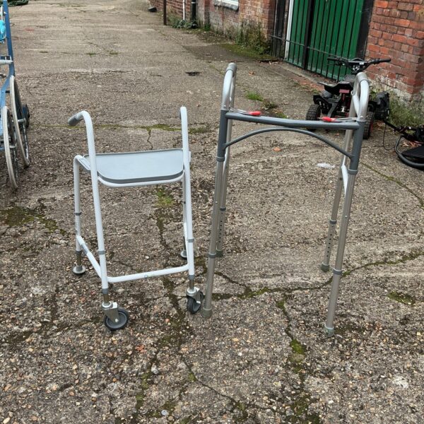 Adjustable height walking frame for mobility assistance.