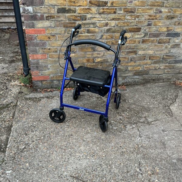 Blue Drive walking aid trolley with a seat and basket.