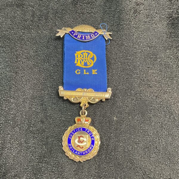 Royal Antediluvian Order of Buffaloes Primo Jewel, silver gilt and blue ribbon.
