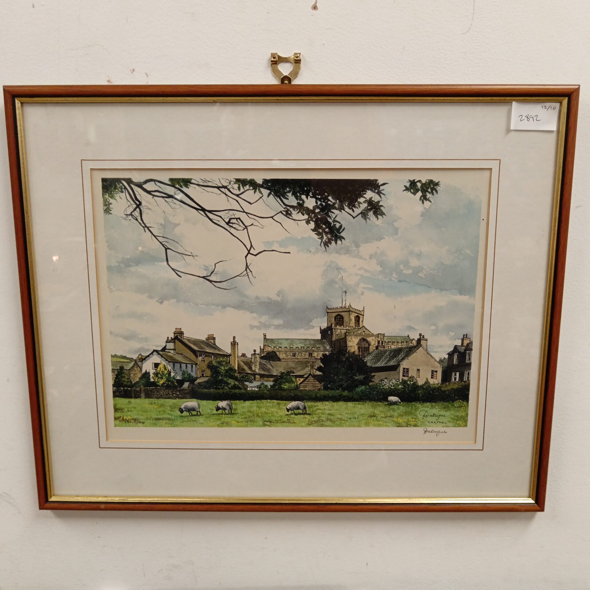 795 Artist signed print of an Irish village with church in cartmel