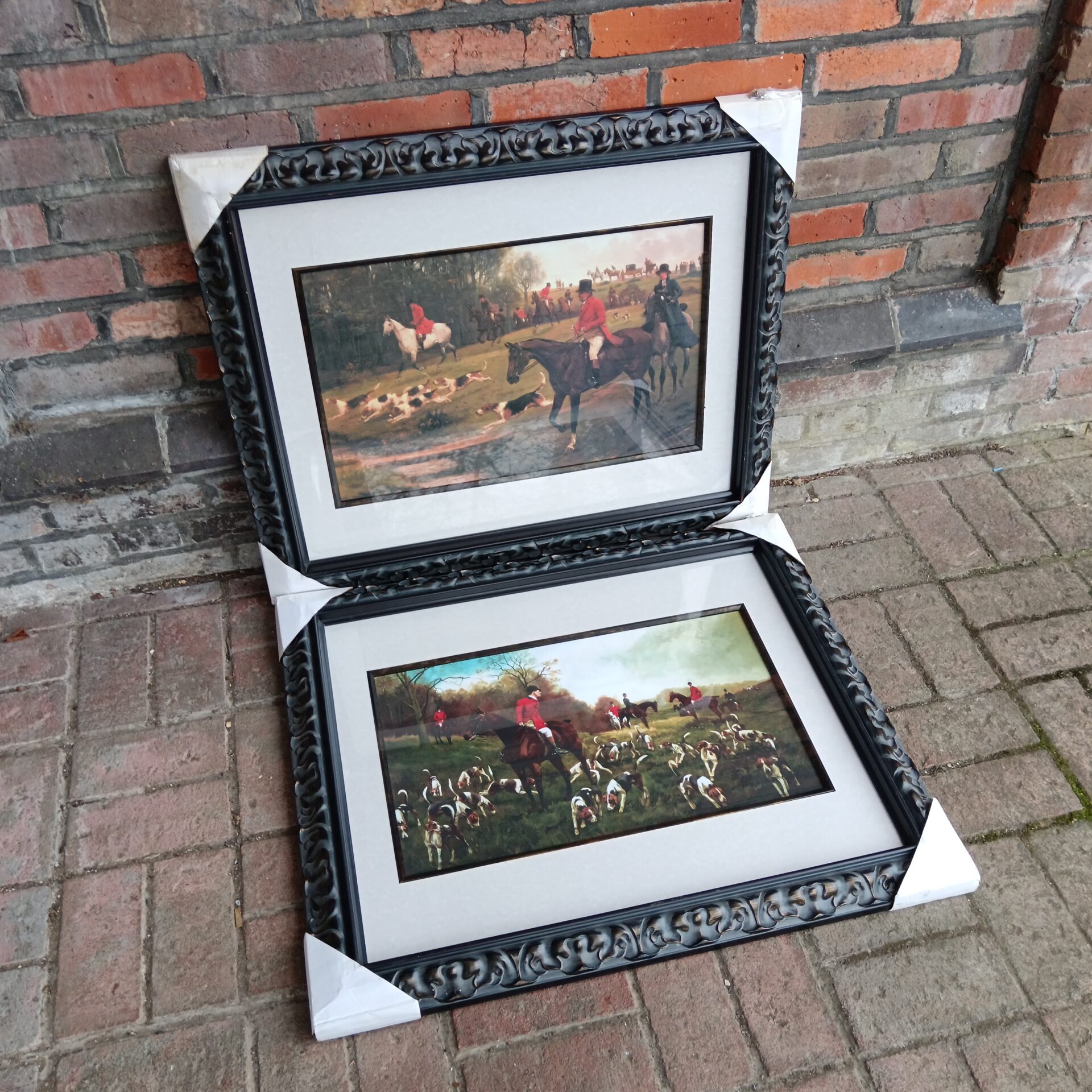 802 Pair of large heavy framed hunt scene prints