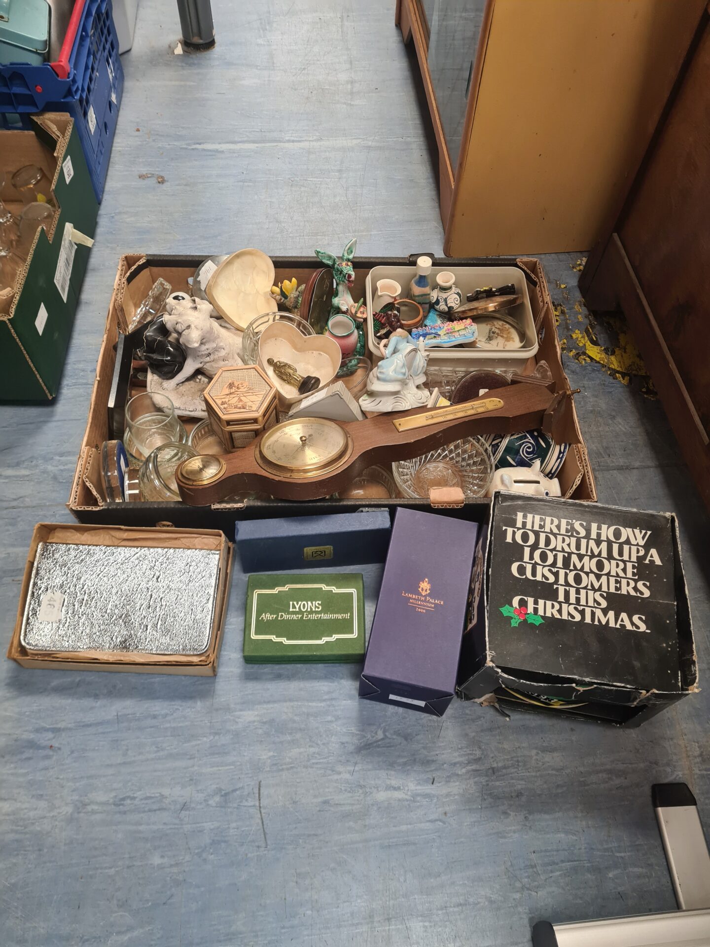 484 Box of mixed inc curios, glassware and barometer