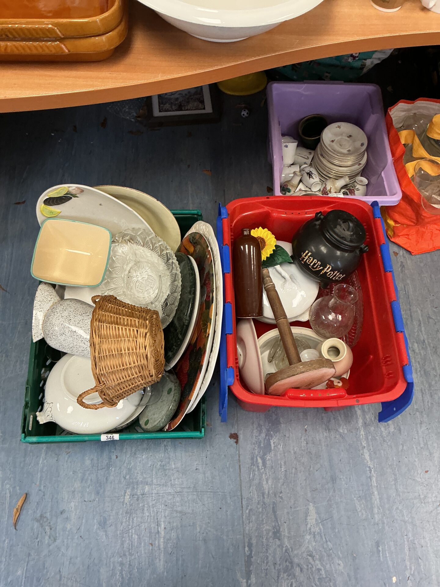 346 Two boxes of mixed items inc Harry Potter Cauldron