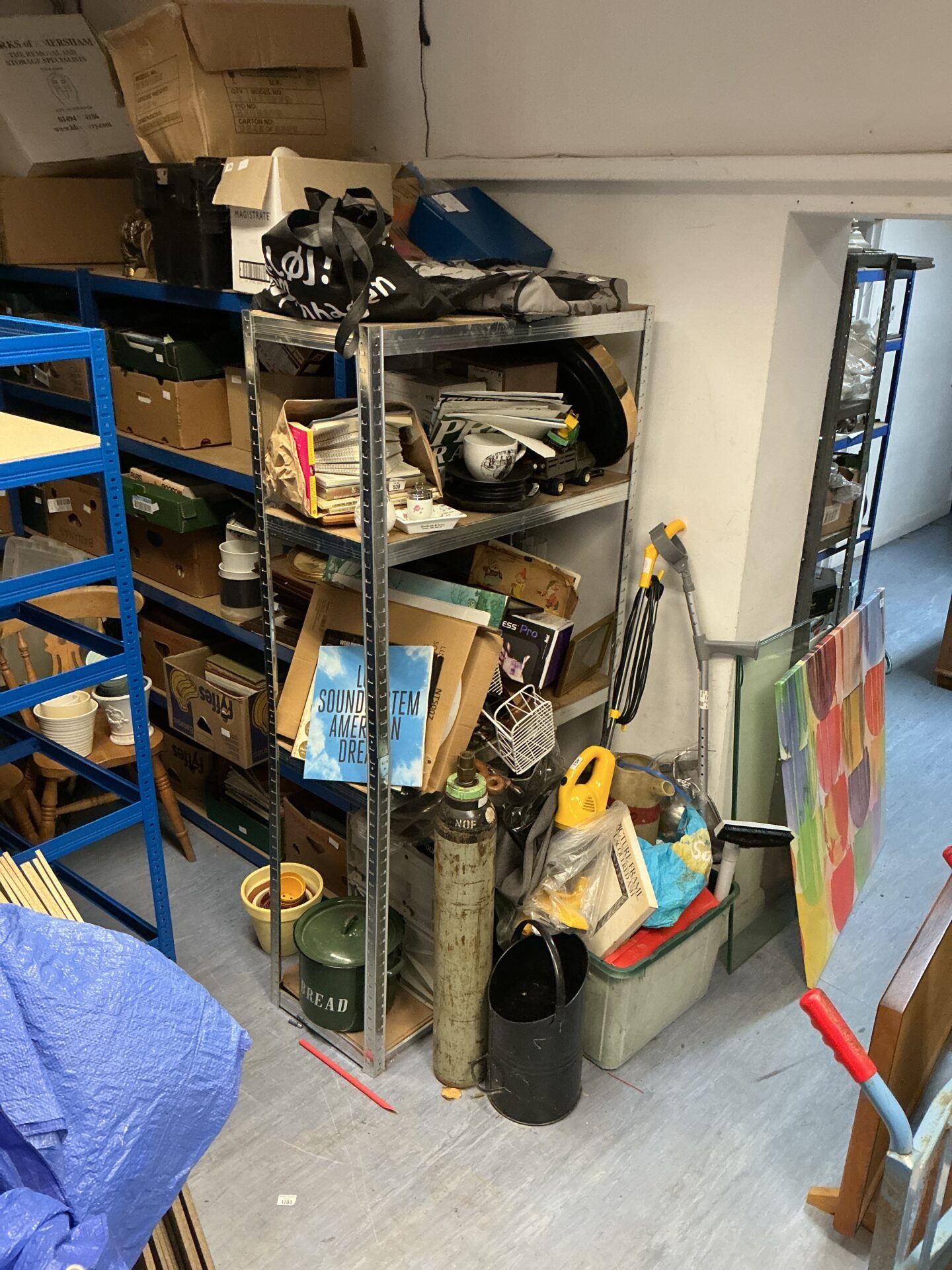 1343 Four shelves of mixed items to clear (shelves not included)