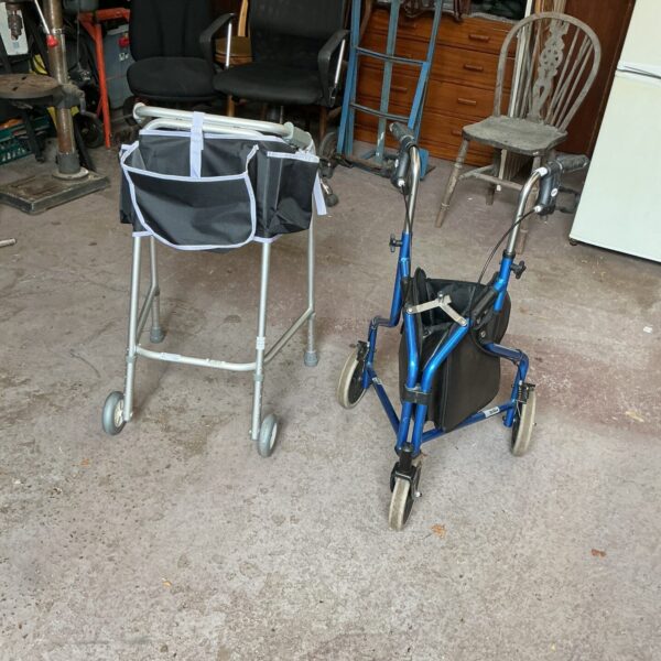 Foldable mobility walking aid rollator with trolley basket.