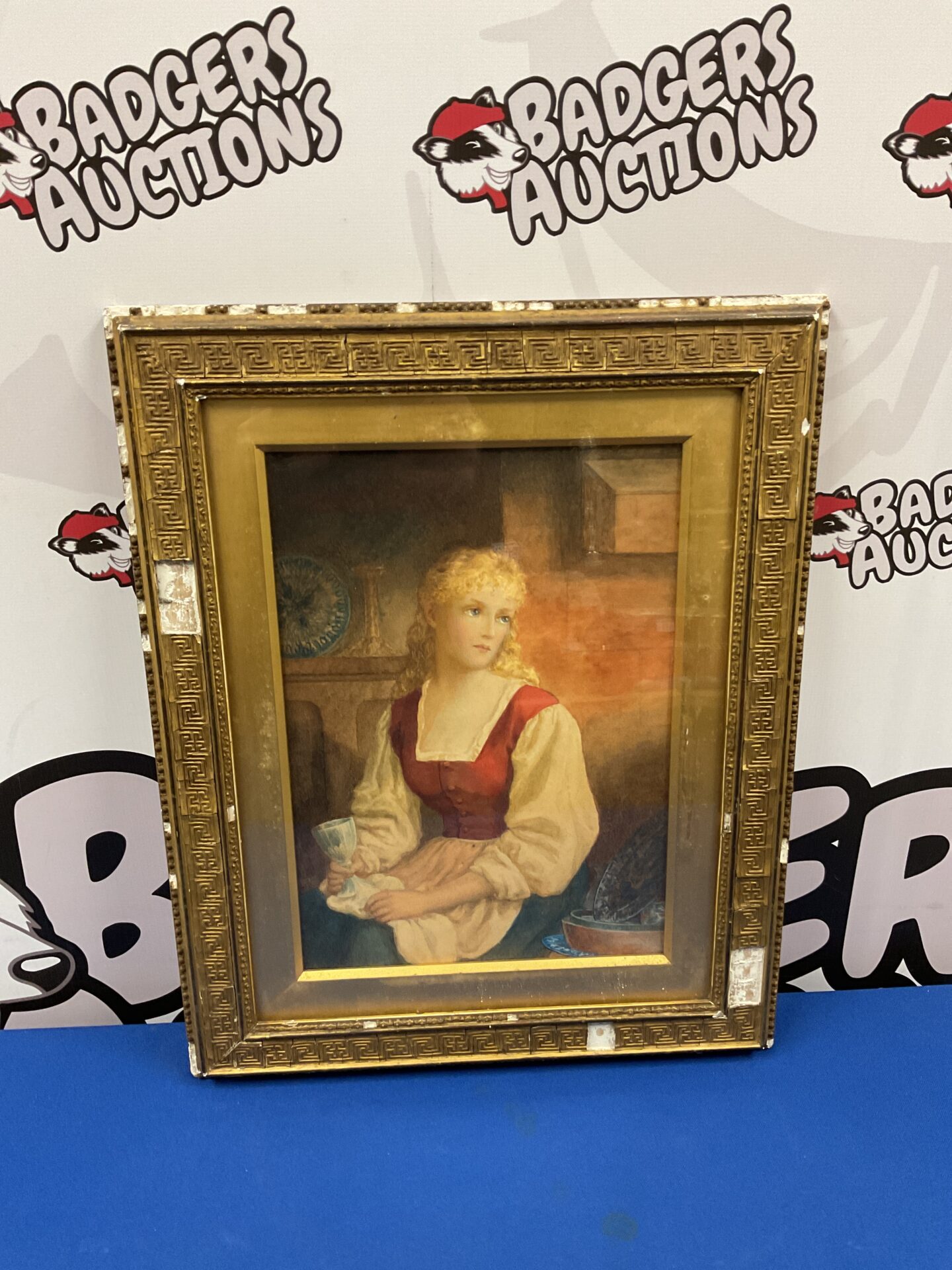027 Mrs e barnard gilt jesso framed watercolour of a young lady titled cinderella