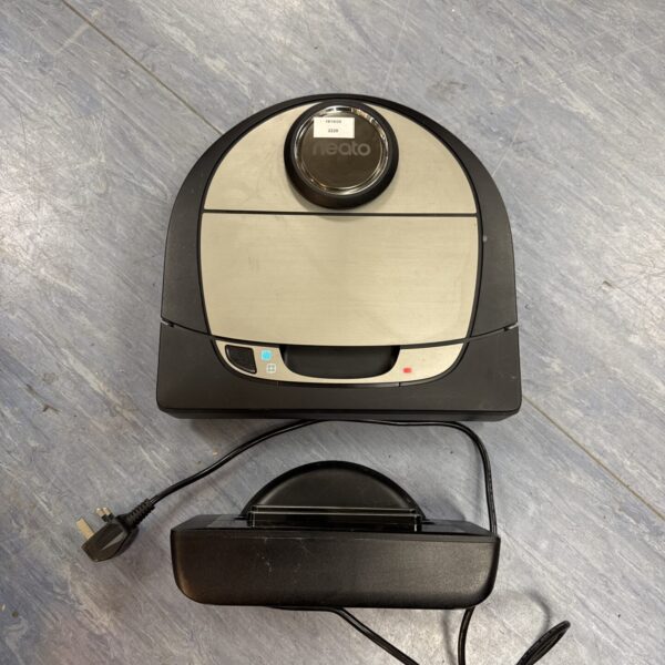 Black Neato XV-21 robotic vacuum cleaner on a white surface.