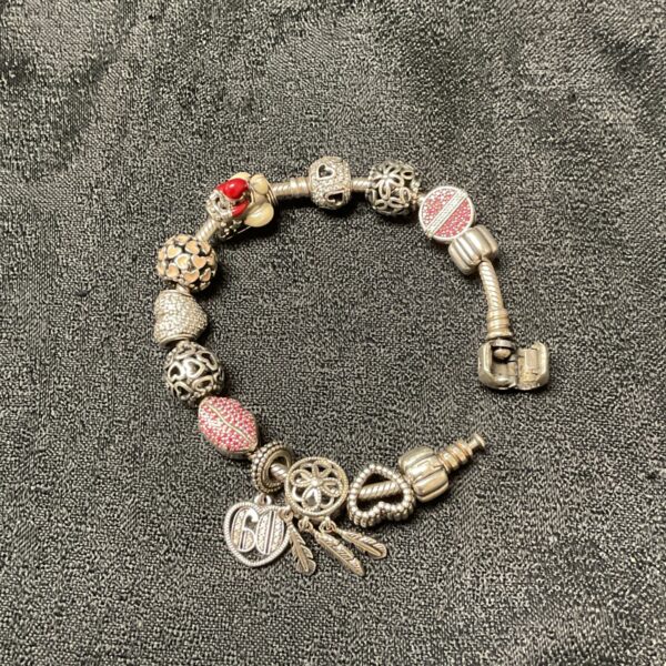 Silver Pandora charm bracelet with twelve detailed charms.