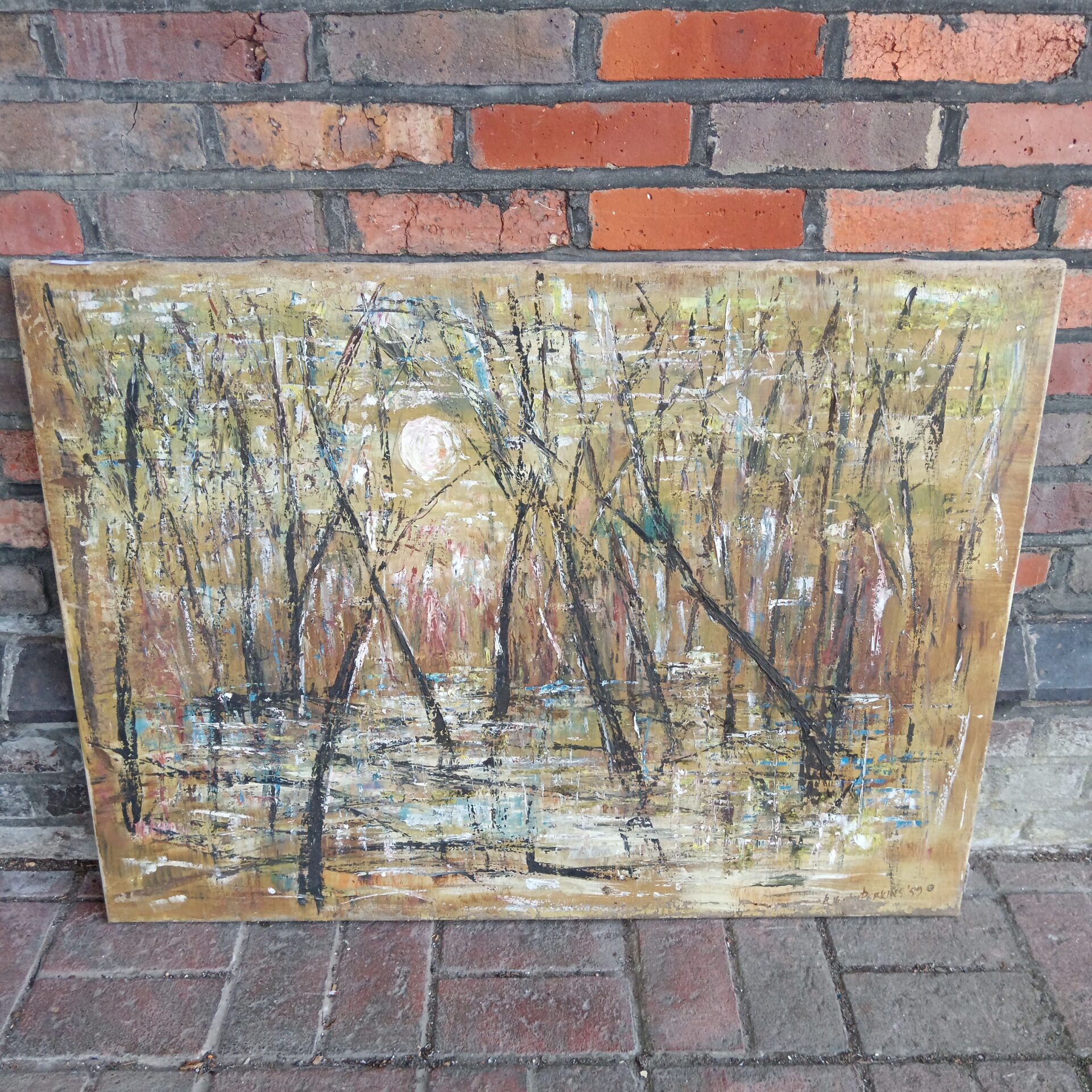 799 Perkins 1959 signed abstract oil on canvas of a marshland scene