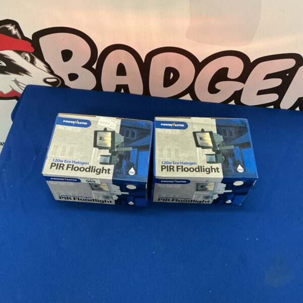 Two used halogen PIR floodlights for outdoor security lighting.