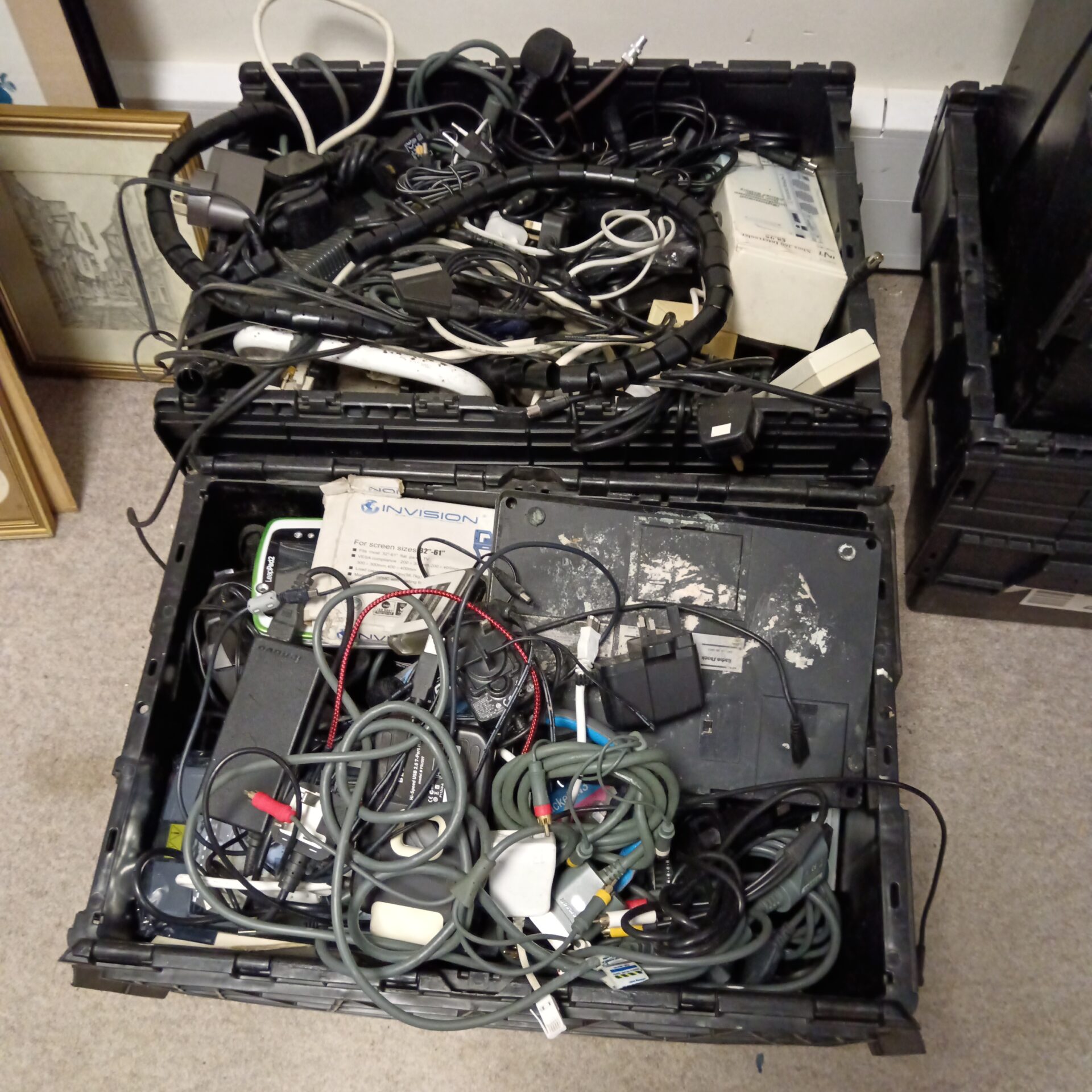 1414 Two large boxes of mixed power supplies & cables