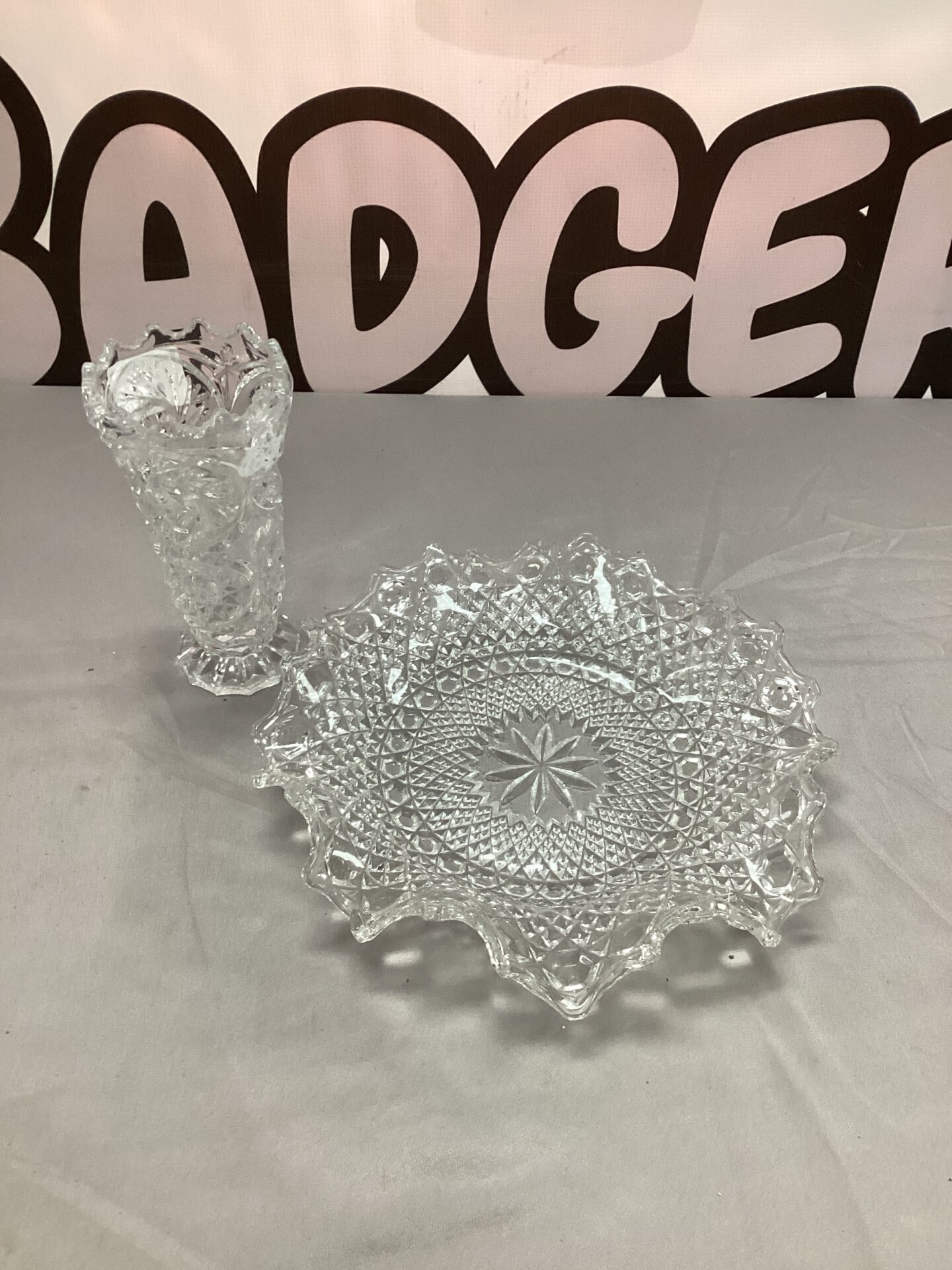 937 pressed crystal glass vase and bon bon dish