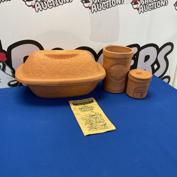 Vintage Romertopf terracotta set with wine cooler and stilton pot.