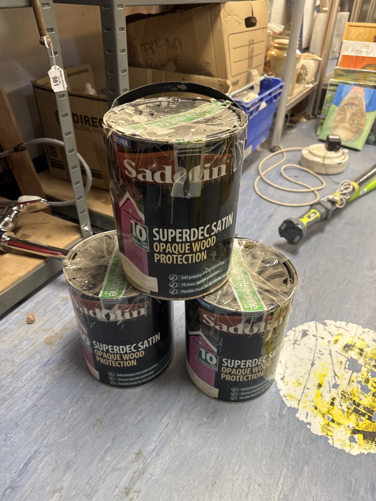 1053 Three tins of sadolin superdec satin opaque wood protection – feel full