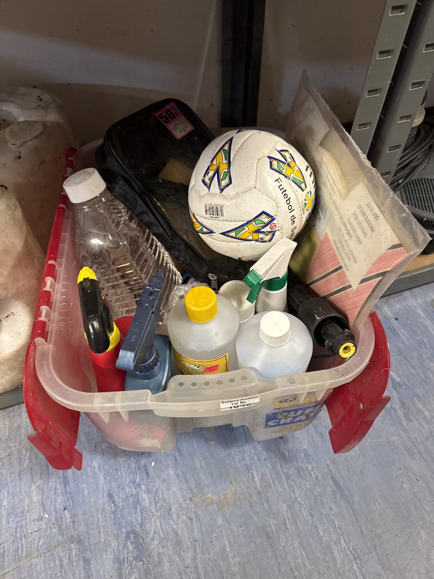 1203 Box of shed clearance chemicals and a small mitre football