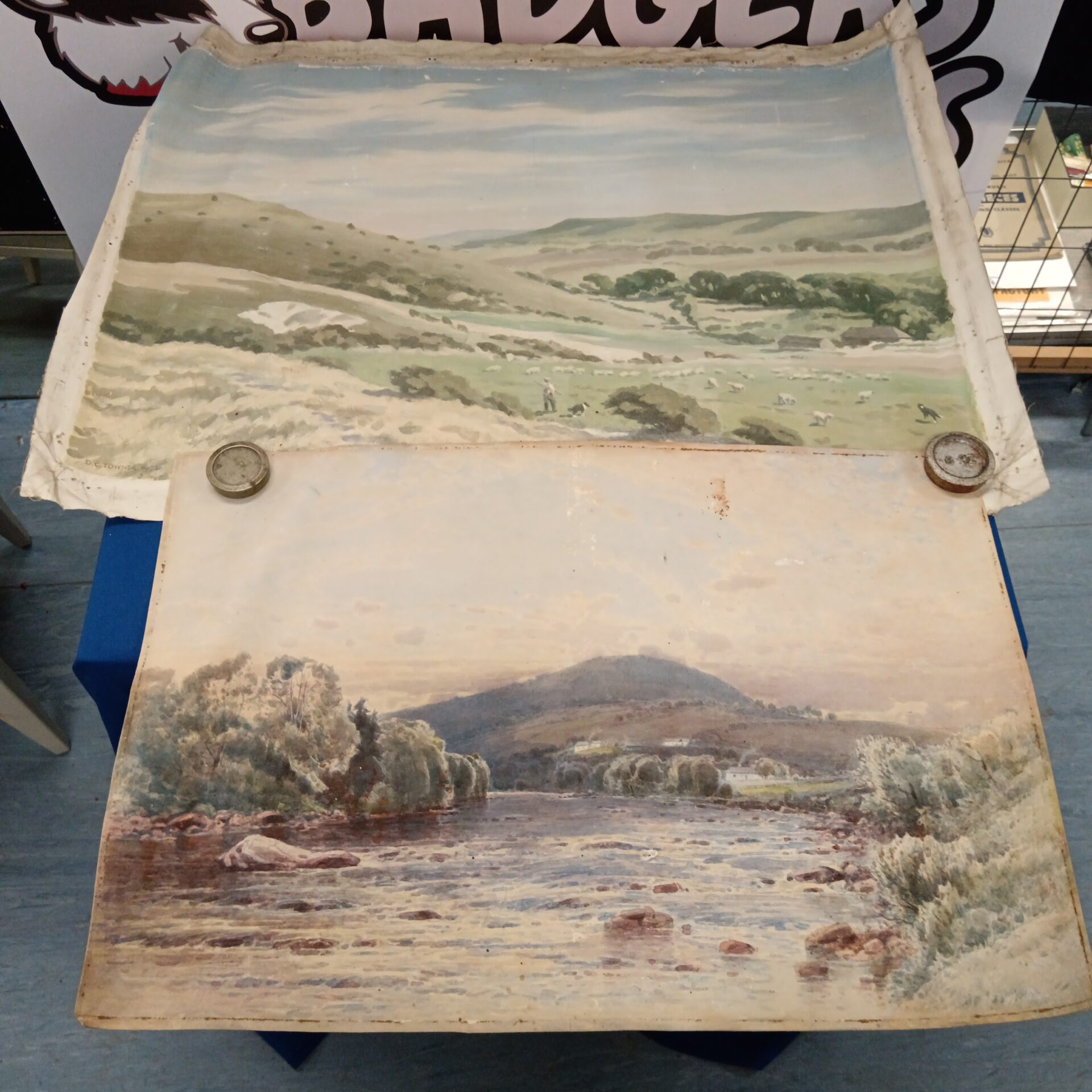 722 D c towner oil on canvas of a shepherd and his dog herding sheep & watercolour of a river scene with rolling hills