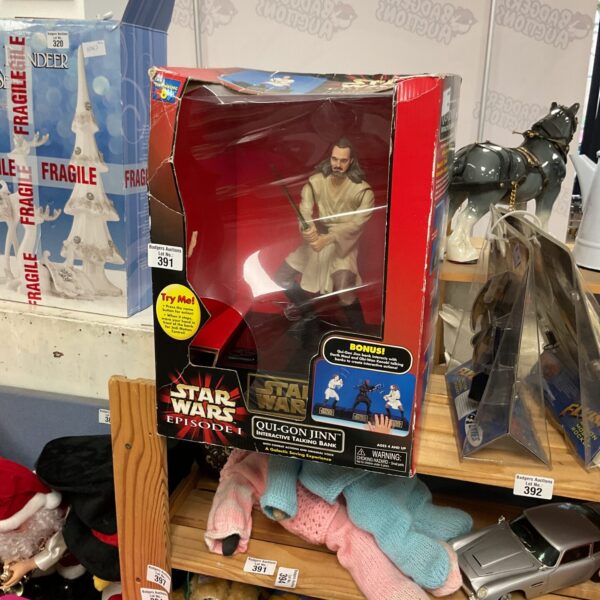 Boxed Star Wars Qui-Gon Jinn interactive bank by Thinkway Toys.