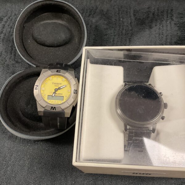 Front view of a Tissot Touch digital and analogue wristwatch.