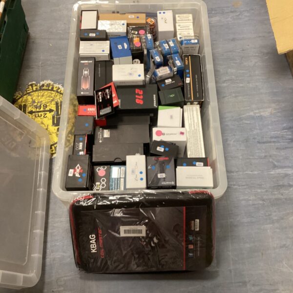 Box lot of vape mods and accessories including Snow Wolf and Kbox 200.