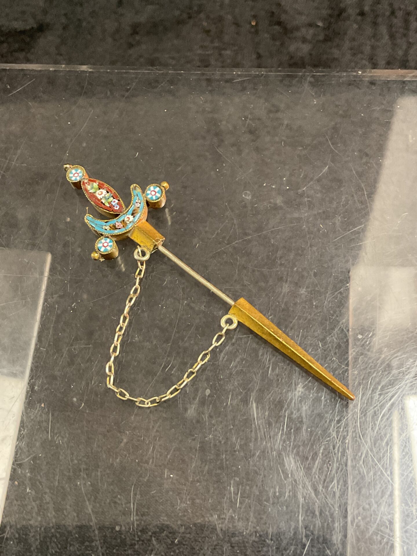 923 Rare Victorian Scabbard sword stick pin with italian micro mosaic decoration marked F A P