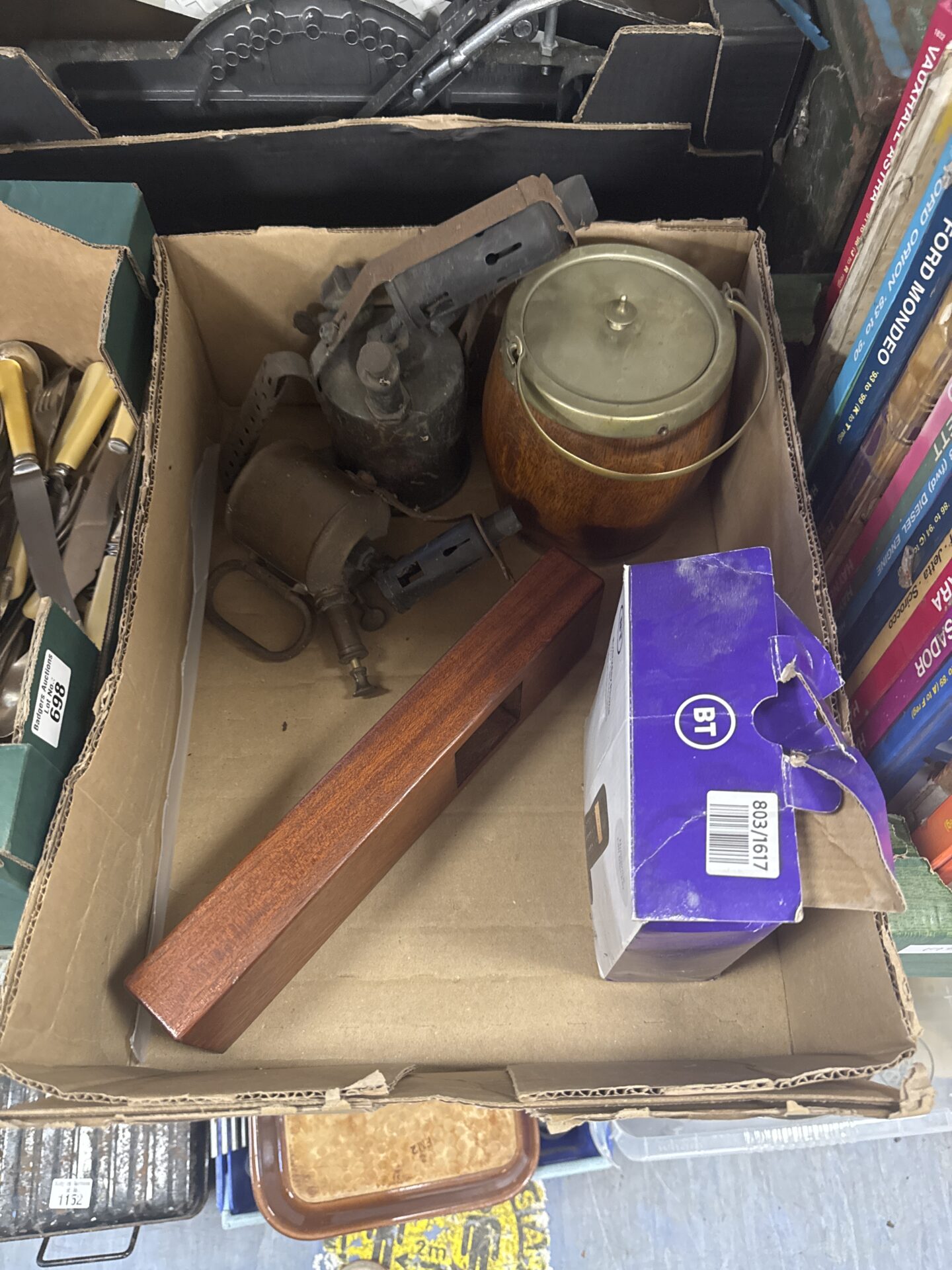 1146 Box of house clearance items inc vintage blowtorches, small barrel & others