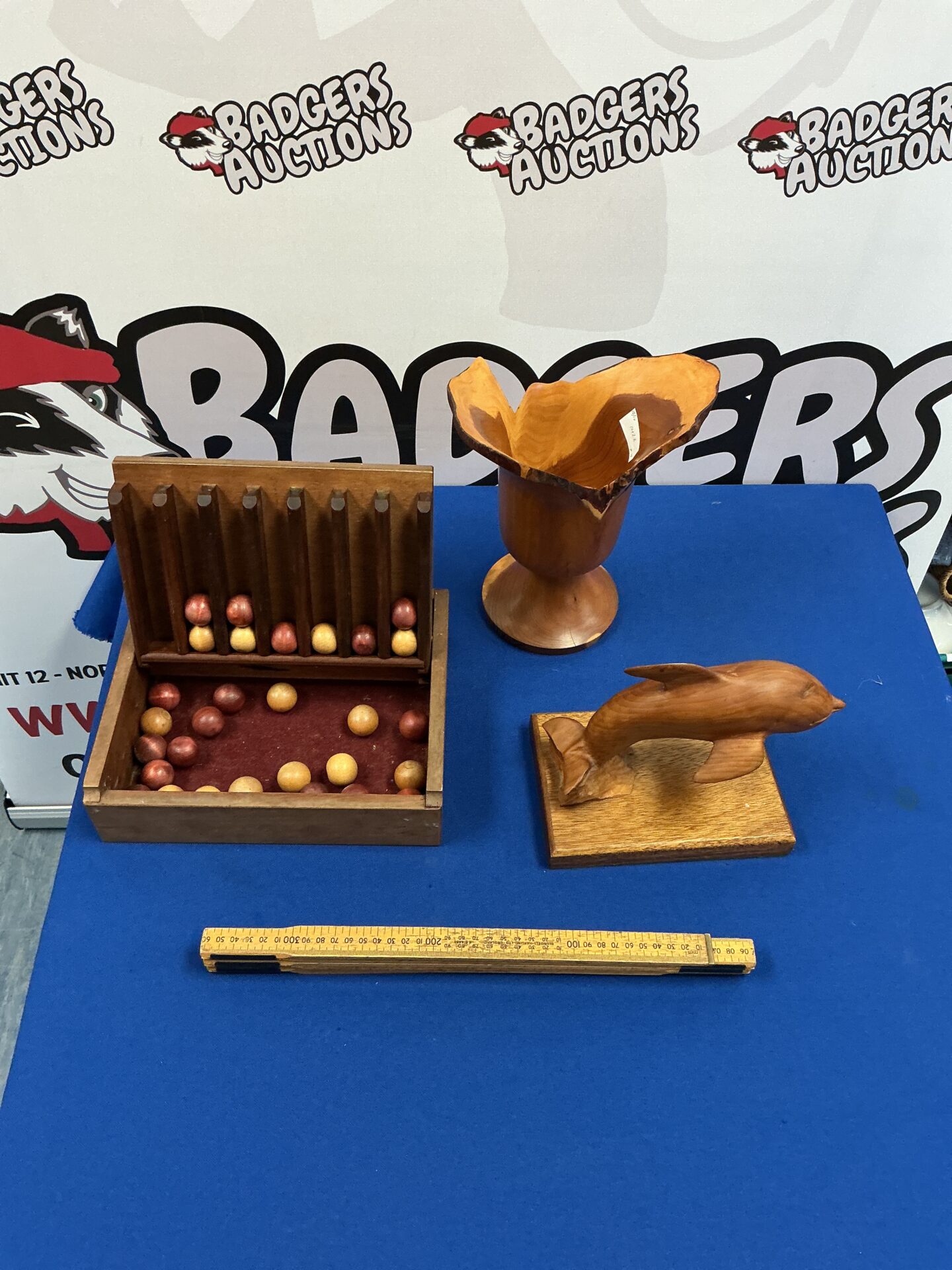 279 Vintage Wooden Connect Four Game with Carved Dolphin & Vase