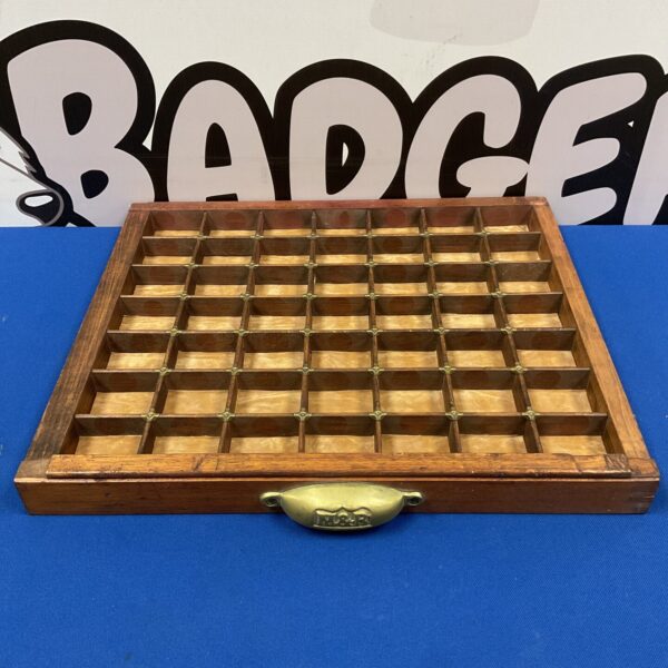 Vintage wooden printers block tray with brass handle.