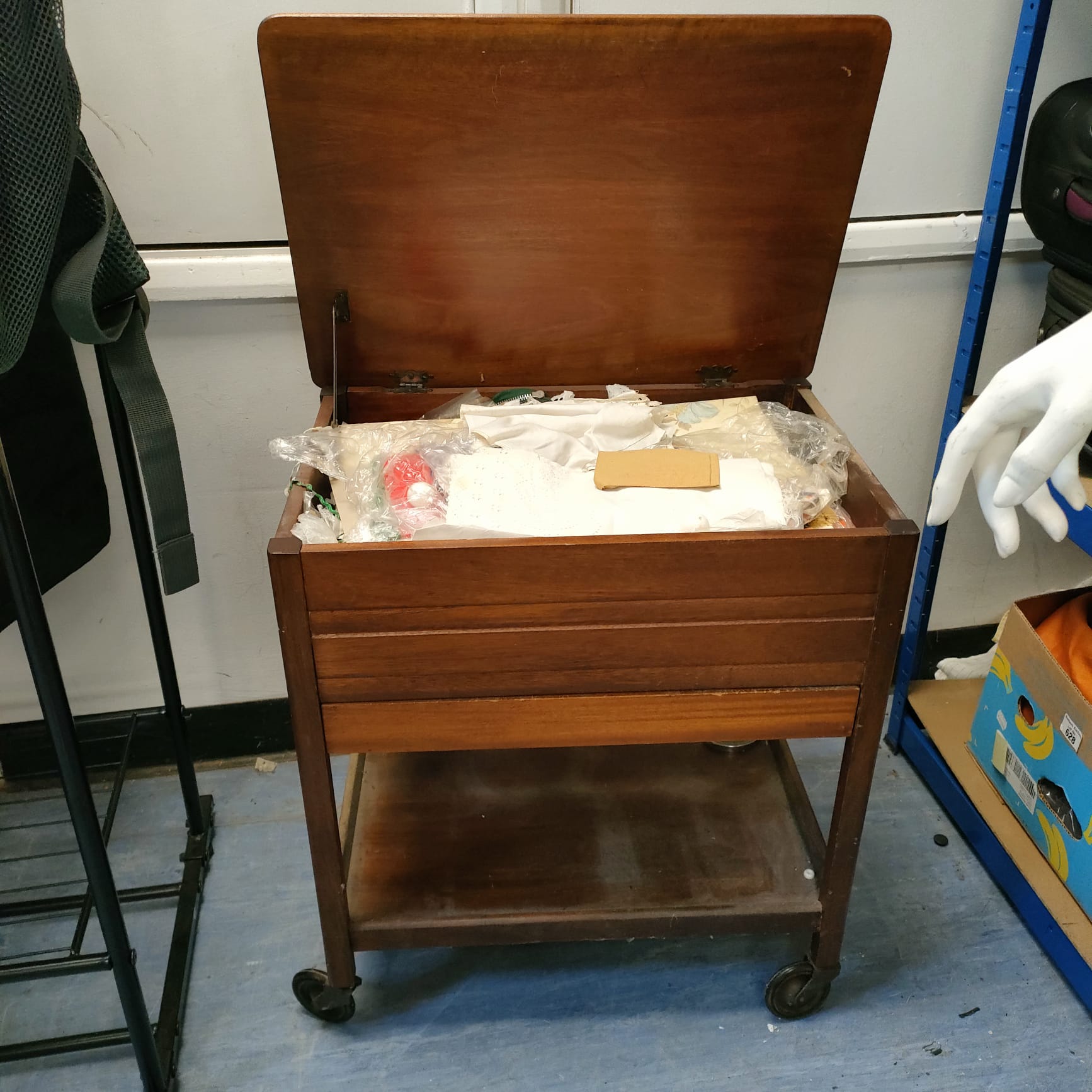 581 Vintage Sewing box trolley with contents