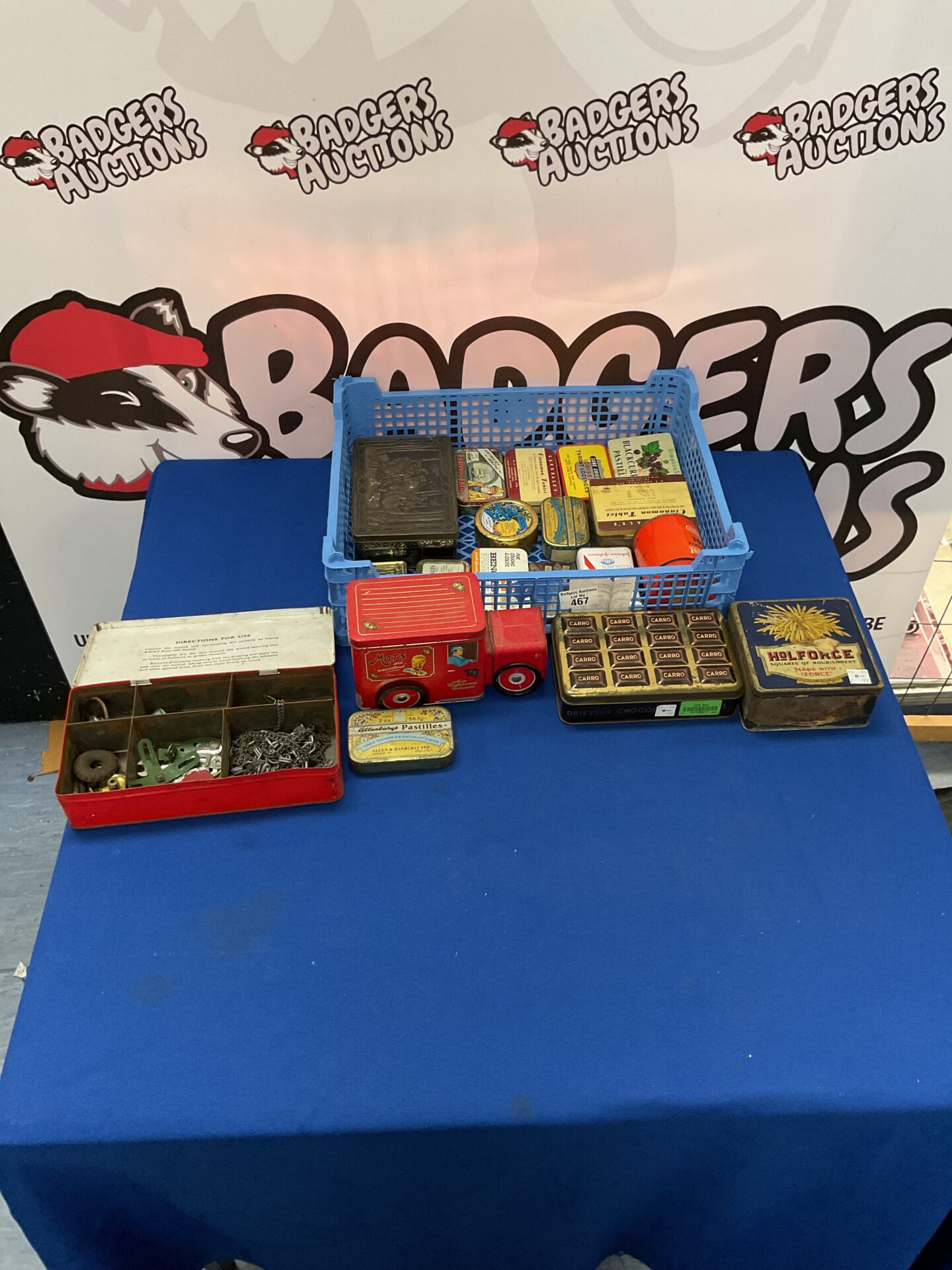 467 Box of vintage tins inc one with meccano contents