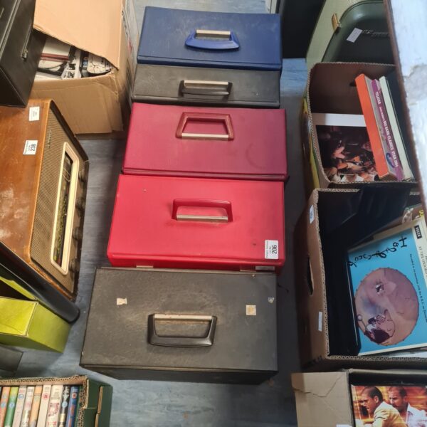 Five empty vintage vinyl record cases for LP storage.