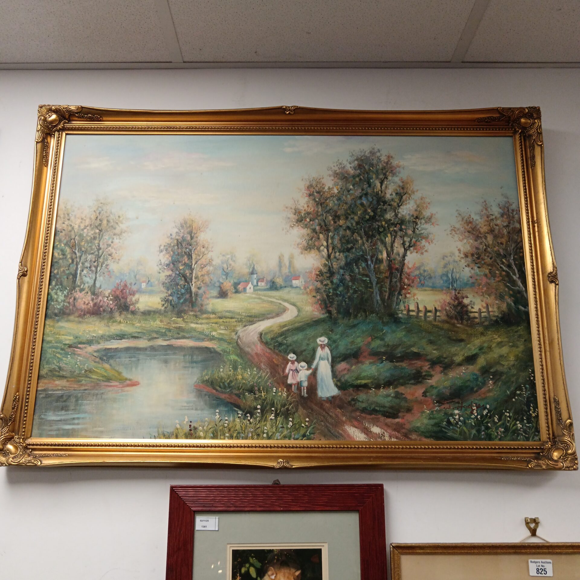 824 w hodges oil on canvas picturesque country landscape with mother & childen by pond