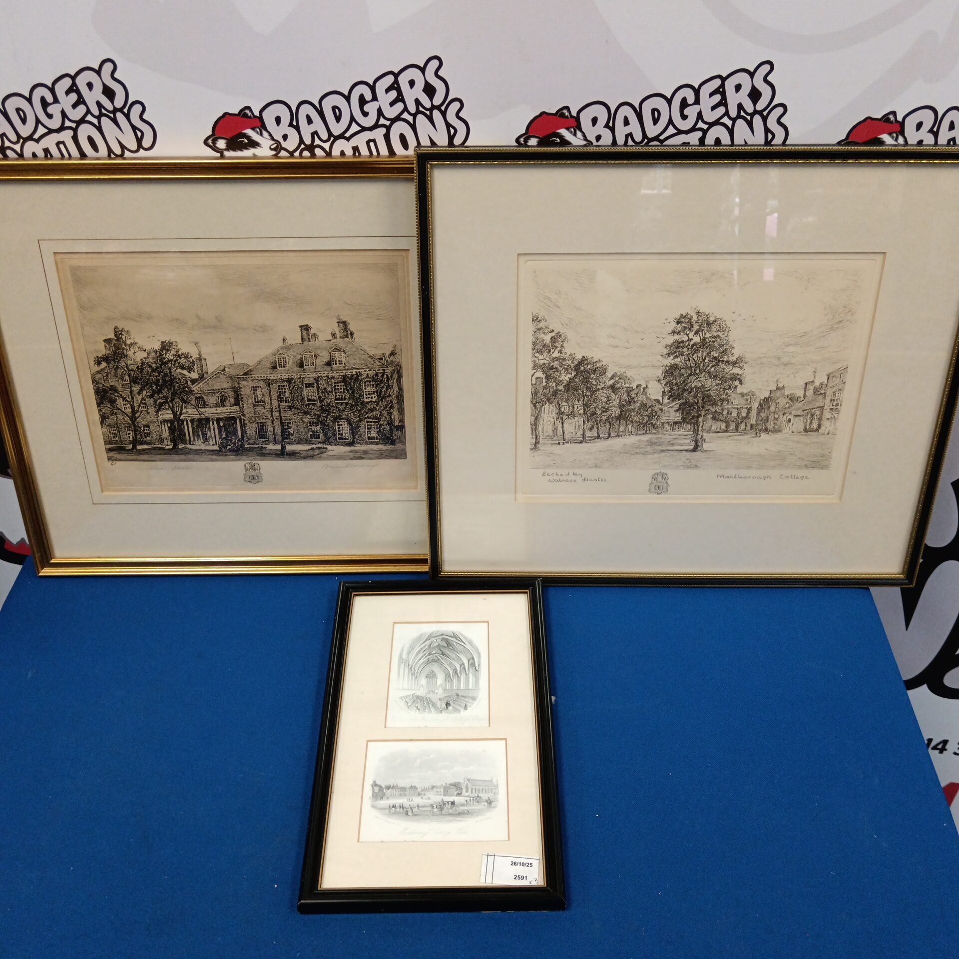 795 Three framed etchings including Wallace Hester Marlborough college