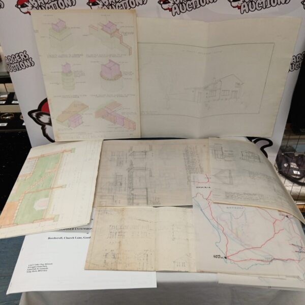 Vintage 1970s architectural plans and steelwork schematic for house design.