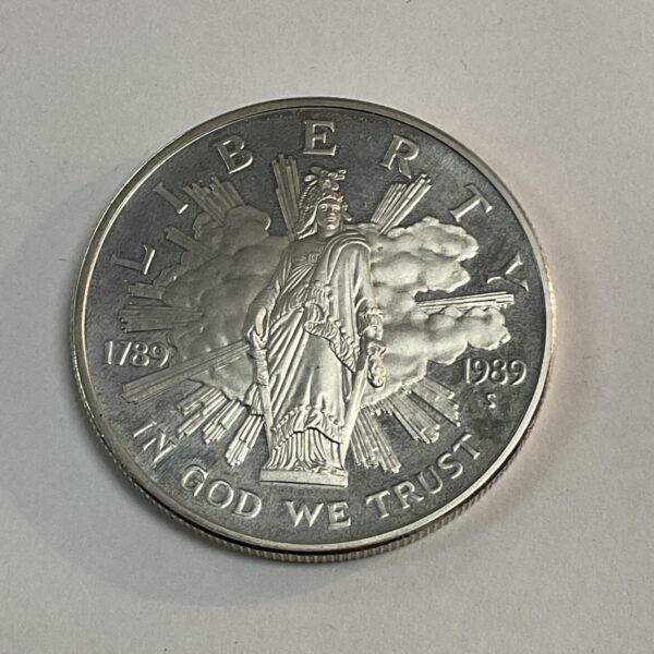 1989 silver dollar coin obverse featuring Lady Liberty.