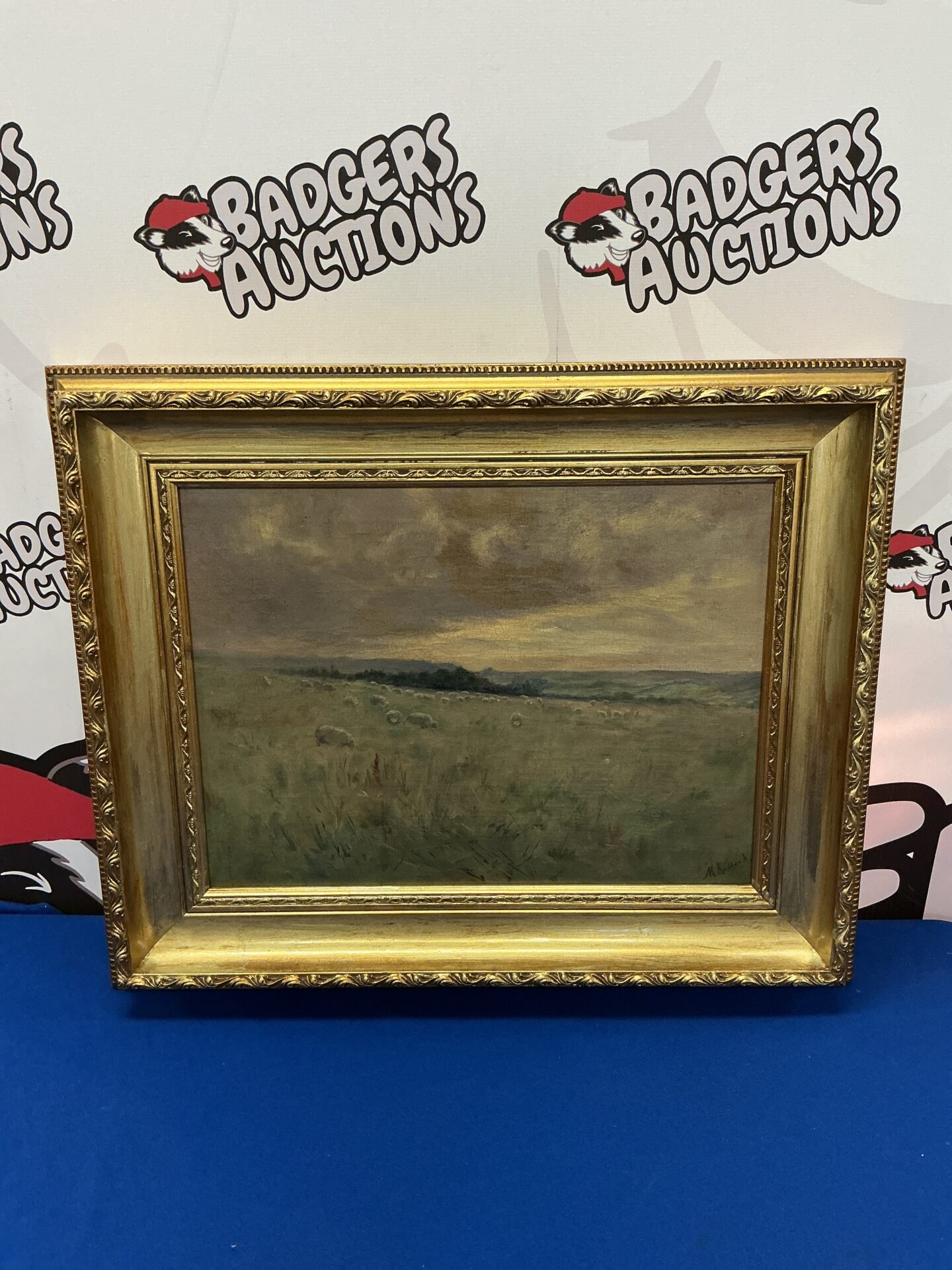 748 McKulloch signed 19th century oil on canvas landscape with sherp in meadow