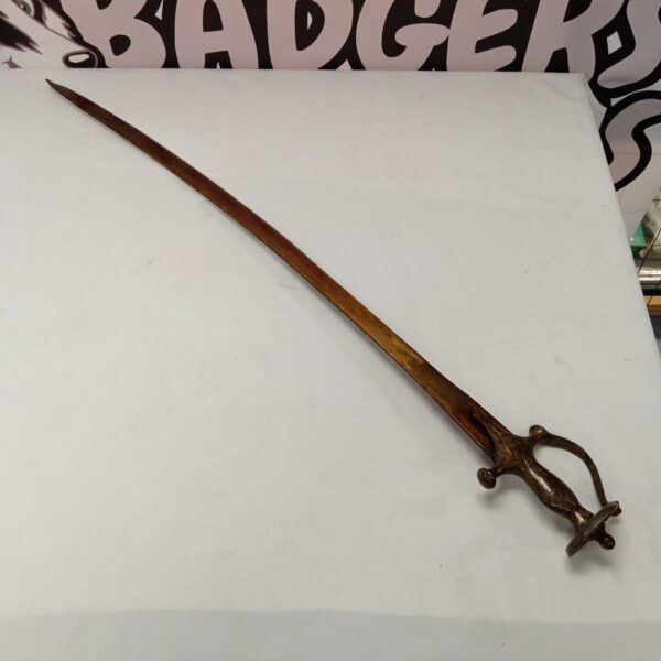 Antique 19th-century tulwar sword with curved blade and detailed hilt.