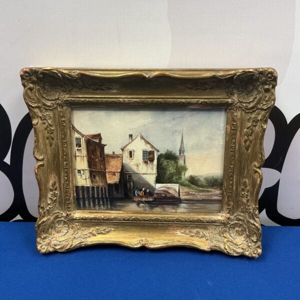 Antique 19th-century watercolour painting of a continental riverside scene.