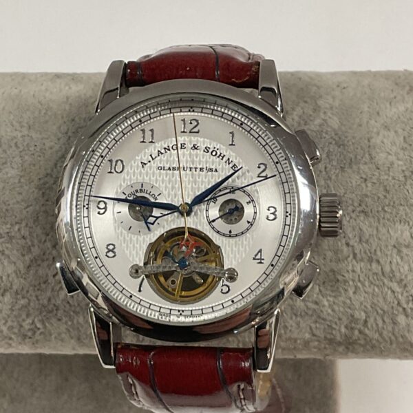 Front view of A Lange & Sohne style reproduction tourbillon watch.