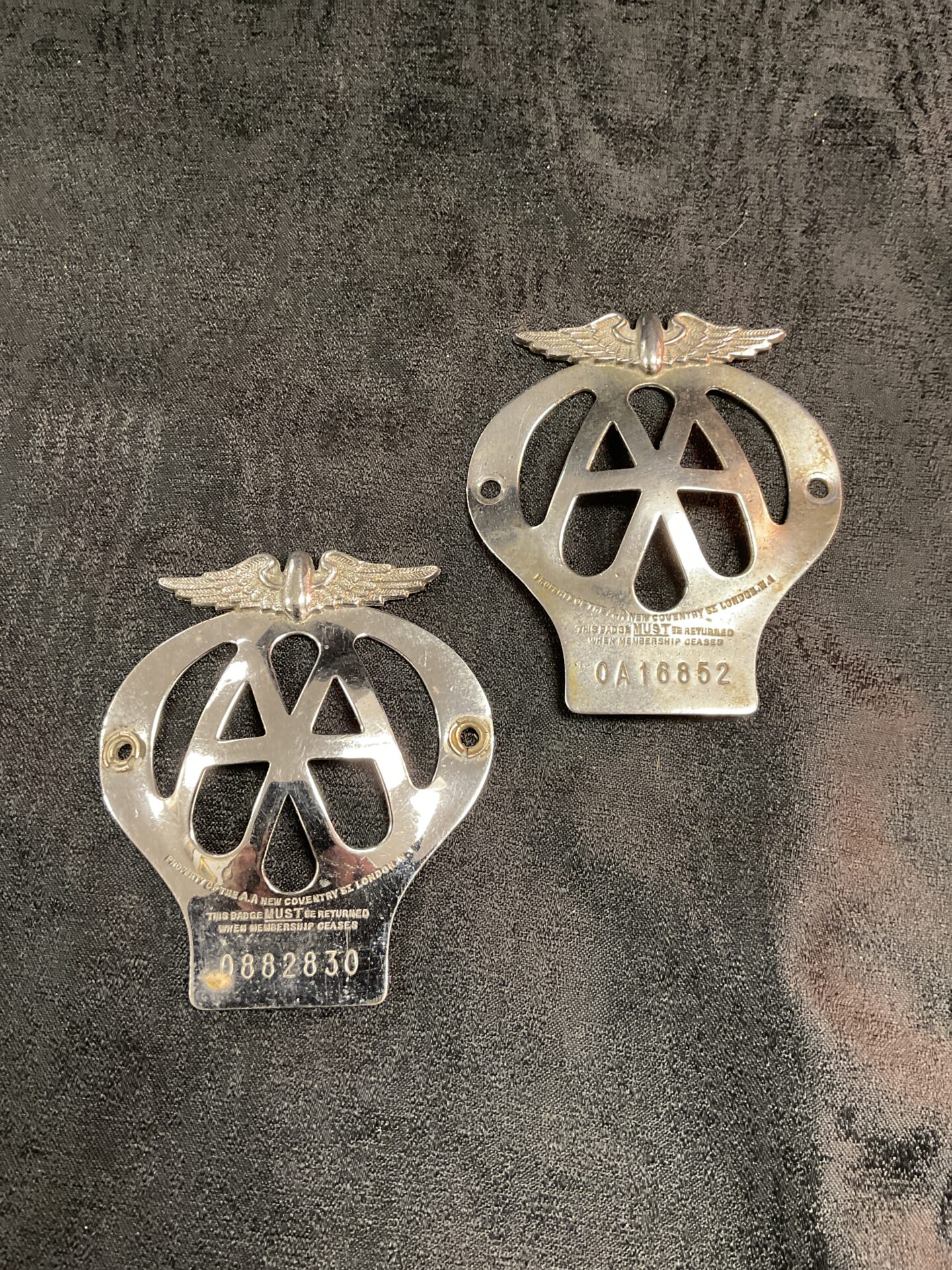 843 Two vintage A A badges Qa Numbered is 1945 Badge