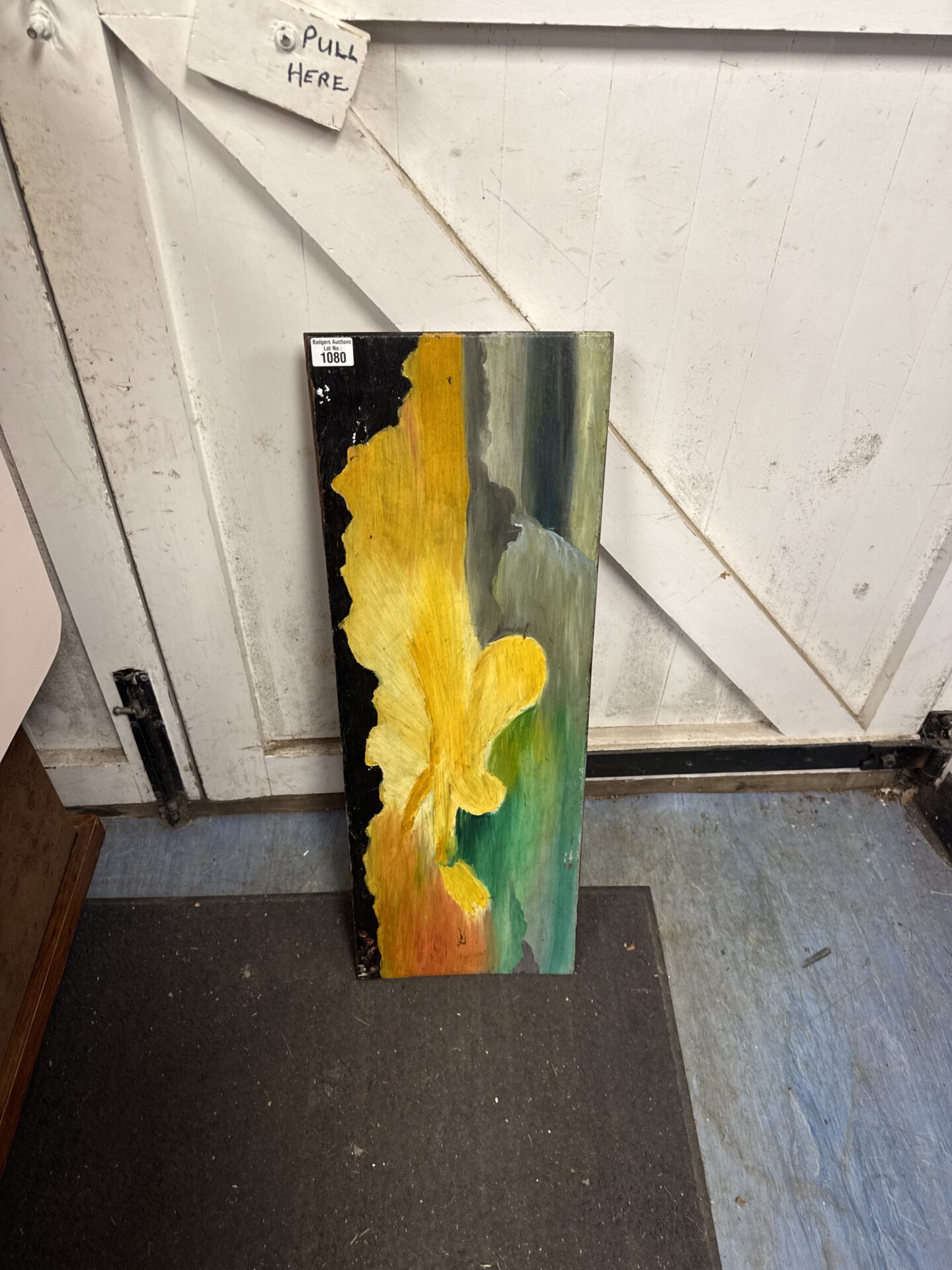 1132 Amateur abstract artwork titled sky angel painted on wooden board 2.5ft length approx