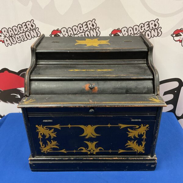 Front view of antique Chinese calligraphy box with black lacquer.