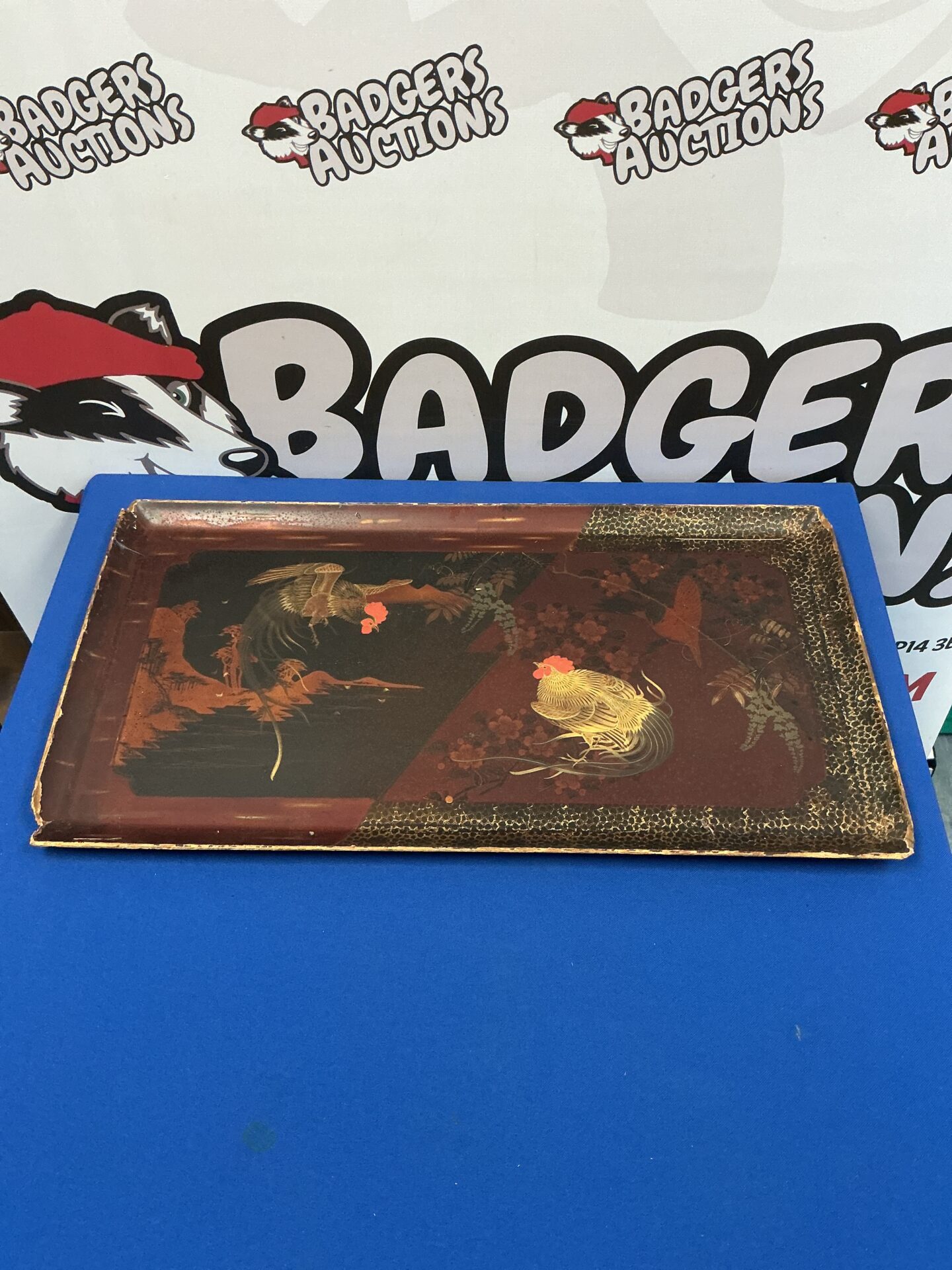 027 Antique Chinese paper mache serving tray with fighting cock design